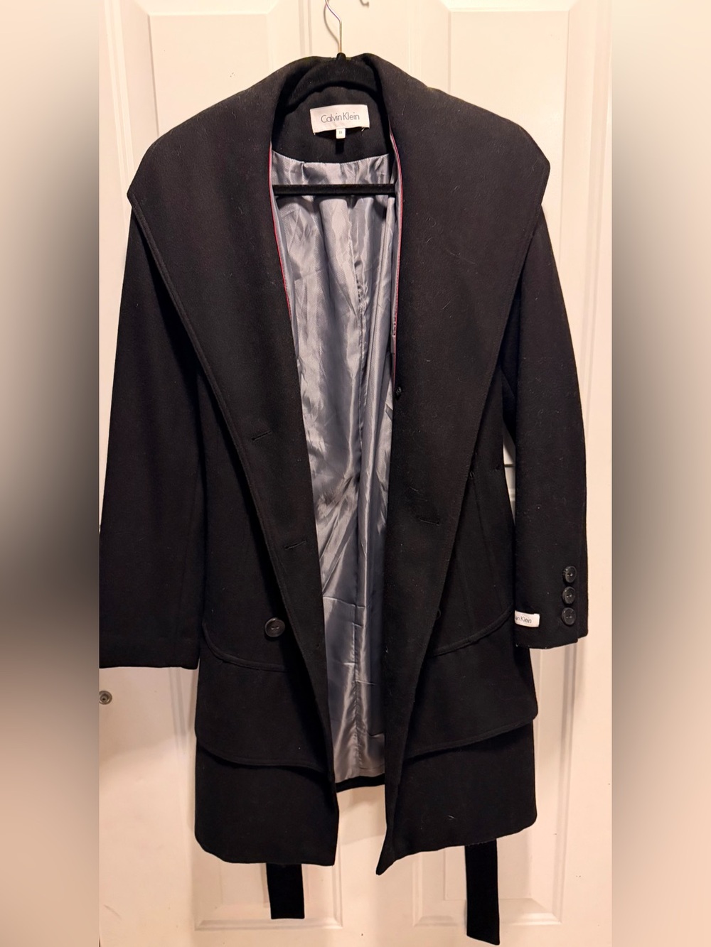 Calvin Klein Black Wool Pea Coat with Gray Lining